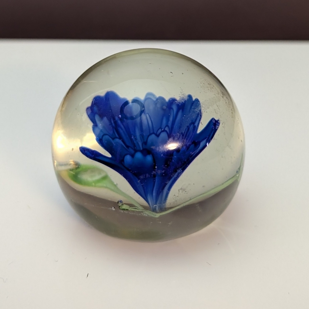 Blue Floral Art Glass Paperweight